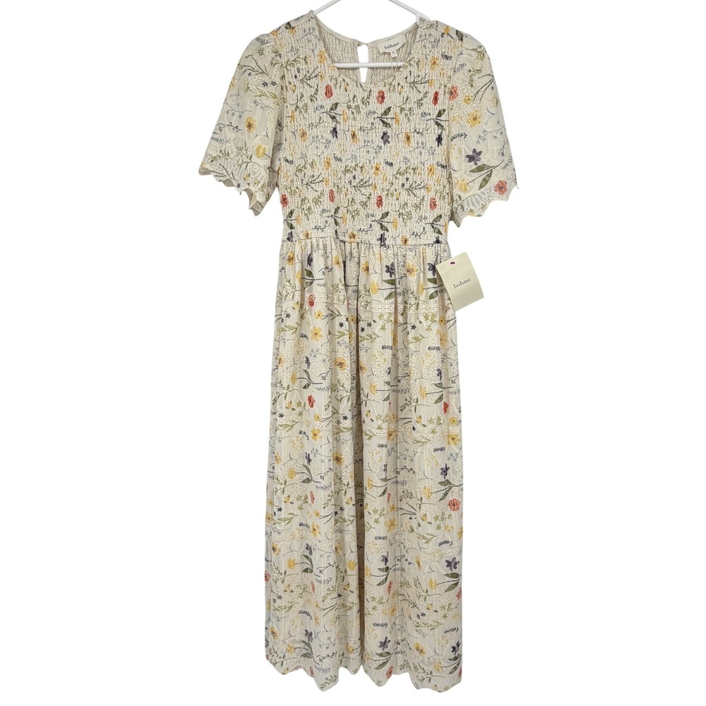 NWT Bohme Floral Eyelet Maxi Dress Medium Cream Smocked Short Sleeve Cottagecore